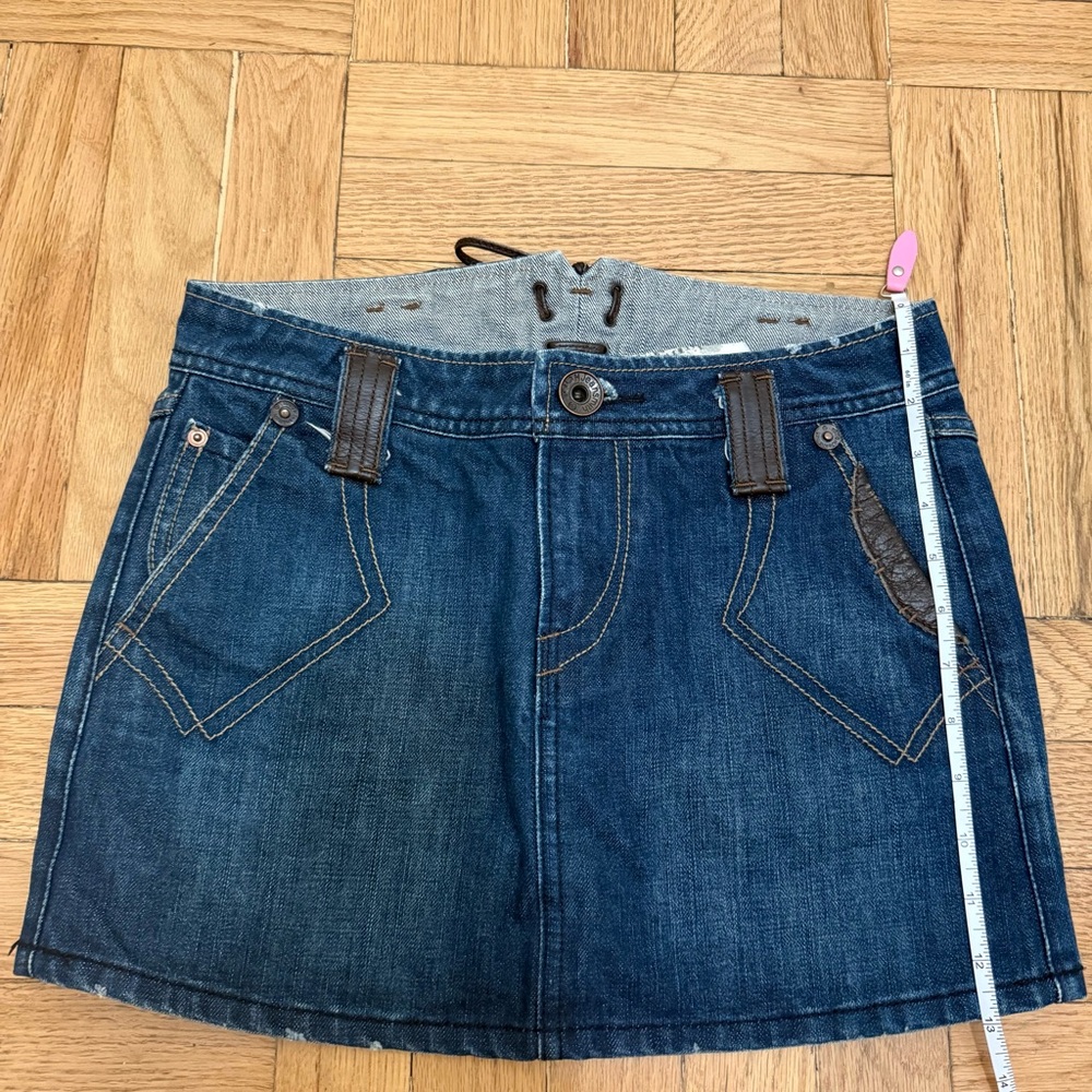 Tough Jeansmith Mini denim Skirts leather trims W25, 13” length